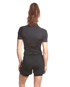LPRD Black Onesie Jumpsuit | Close-up back view with black cycling shorts