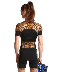 LPRD Black with Leopard Panel Cycling Skinsuit | Close-up Back View