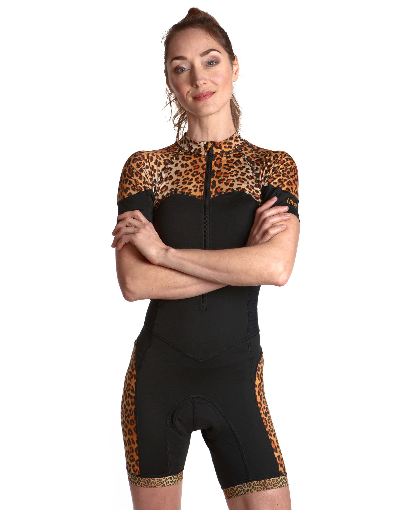 LPRD Black with Leopard Panel Cycling Skinsuit | Close-up Front View