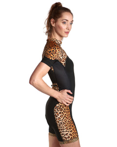 LPRD Black with Leopard Panel Cycling Skinsuit | Close-up Side View